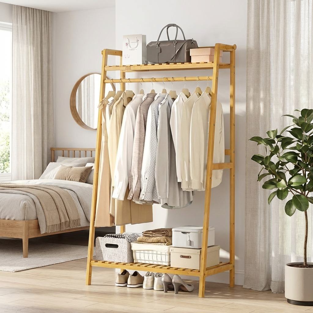 Porte Manteau Meuble Chaussure Dressing bois claire Image