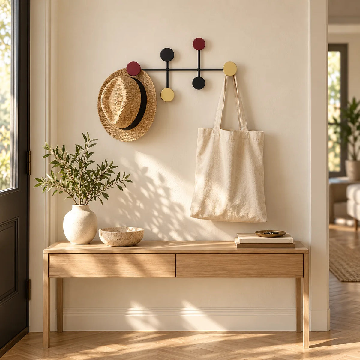 Porte manteau mural rond colore au dessus d une console en bois avec chapeau et tote bag