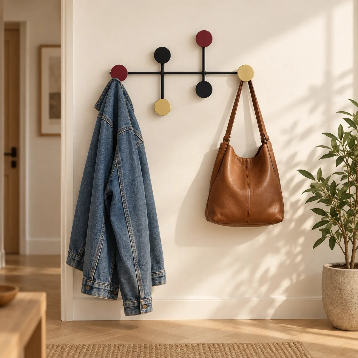 Porte manteau mural rond colore dans une entree claire avec veste en jean et sac en cuir