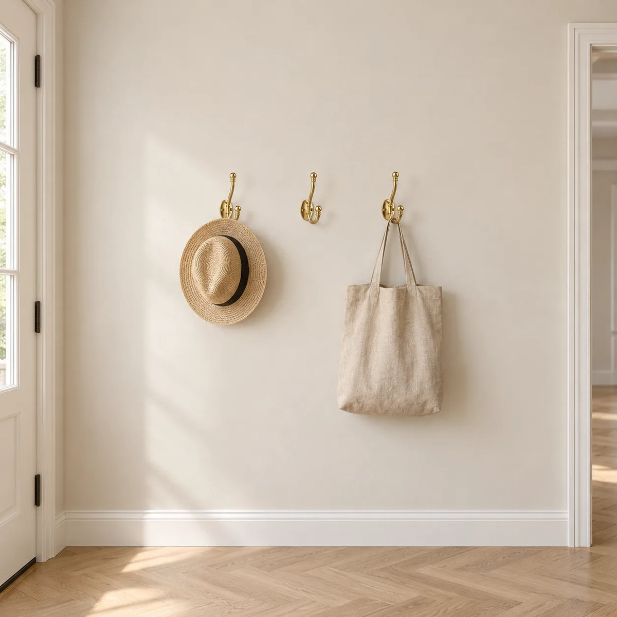 Trois pateres crochet ancien dorees alignees sur un mur d entree clair avec chapeau et tote bag