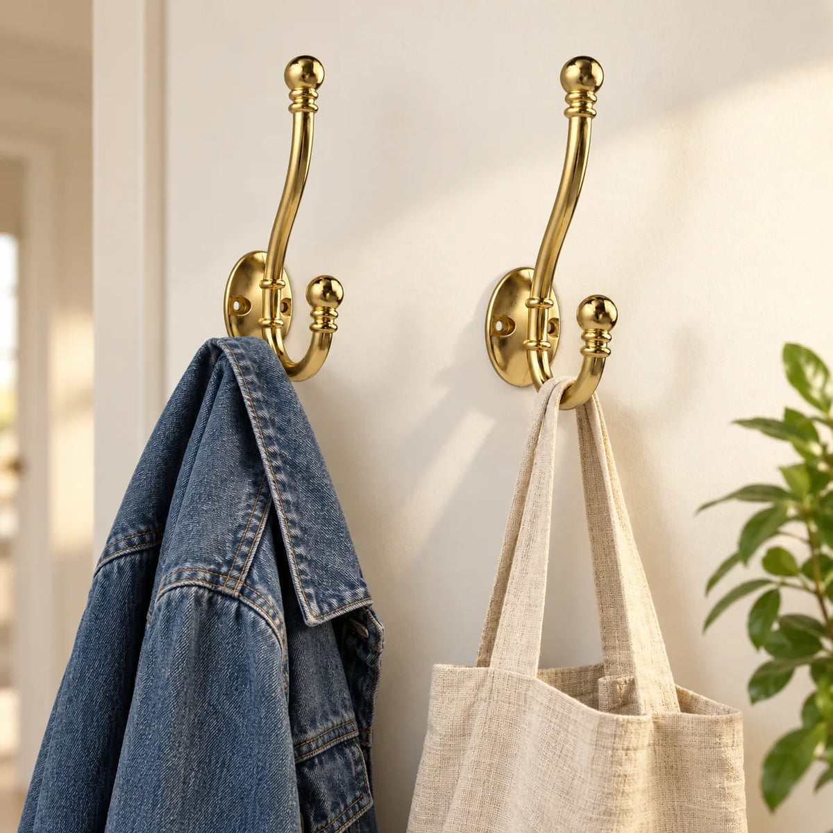 Deux pateres crochet ancien dorees avec veste en jean et tote bag en lin
