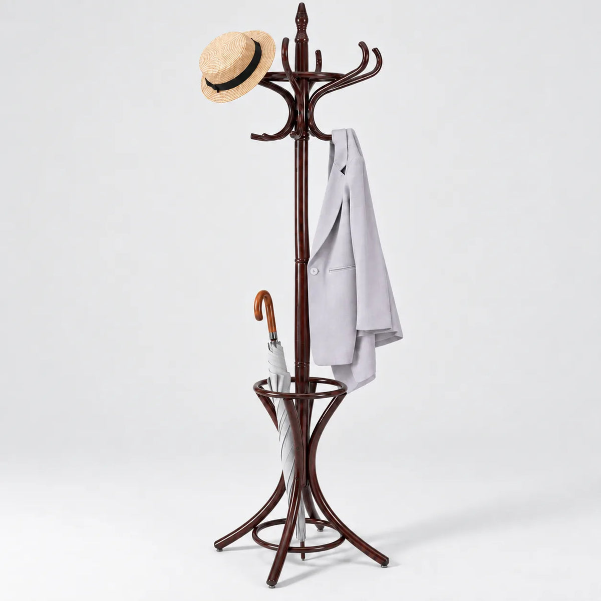 Porte Manteau Perroquet brun foncé en usage avec chapeau, veste et parapluie rangé dans l'anneau