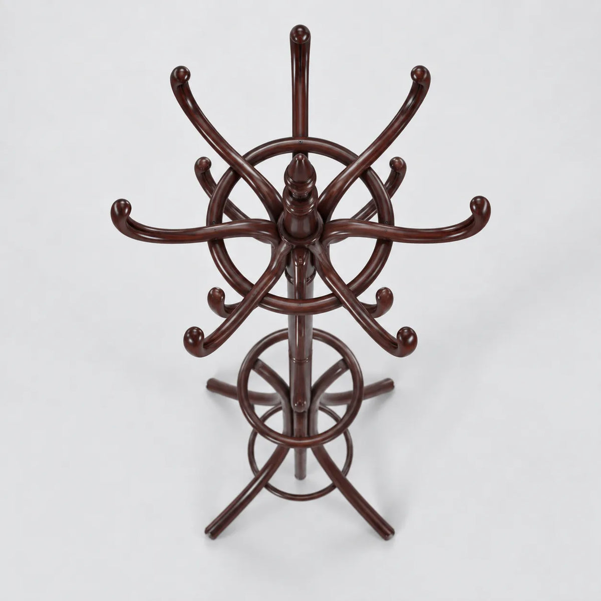 Porte Manteau Perroquet brun foncé vu du dessus, répartition circulaire des crochets en bois courbé autour du mât