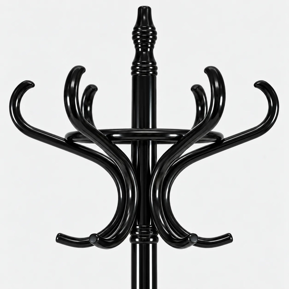Gros plan sur la couronne de crochets et le pommeau du porte manteau perroquet noir