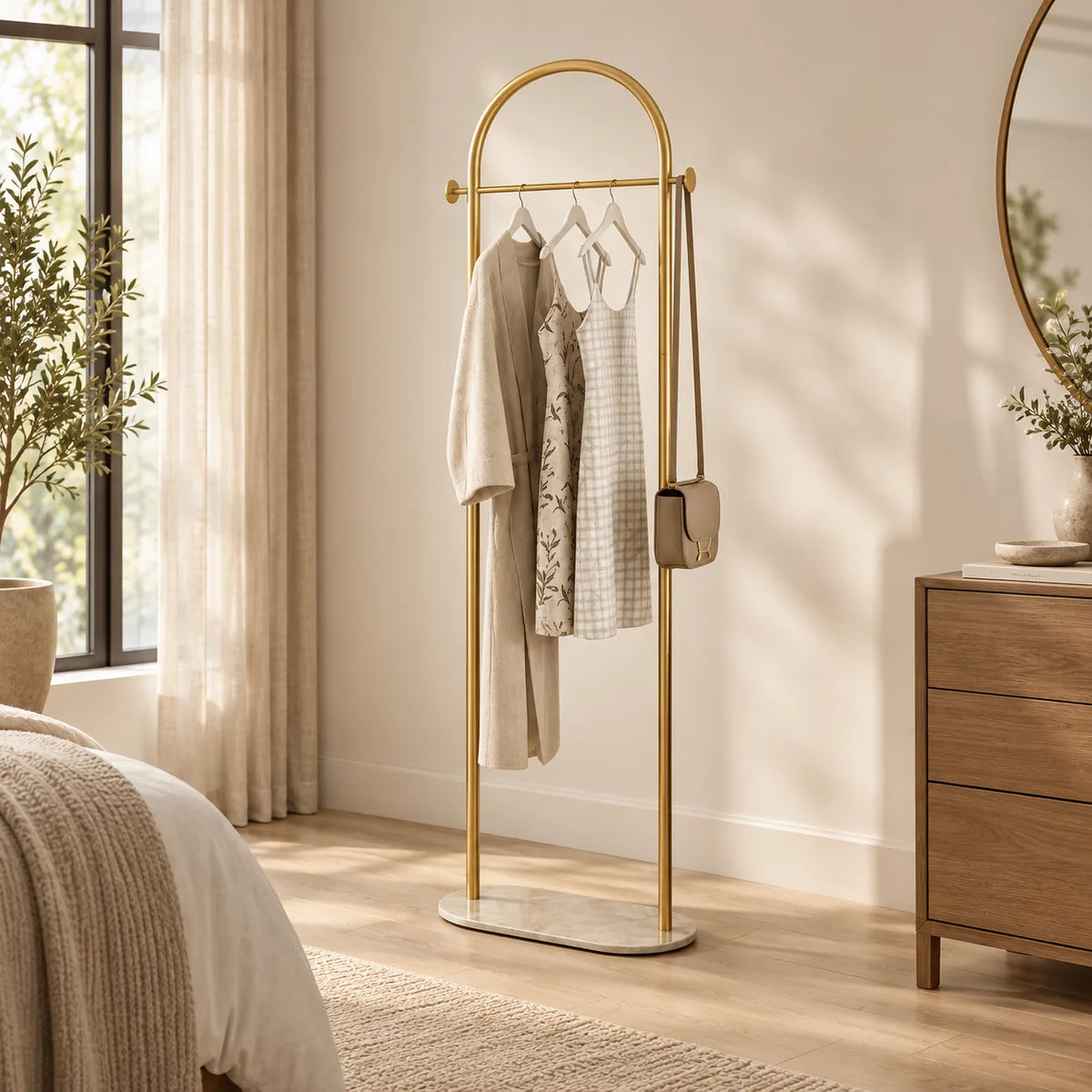 Porte Manteau sur Pied Courbé or installé dans une chambre lumineuse, avec vêtements et sac suspendus