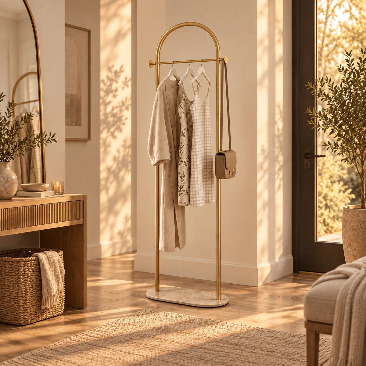 Porte Manteau sur Pied Courbé or dans une entrée chaleureuse, ambiance déco haut de gamme avec miroir et plante