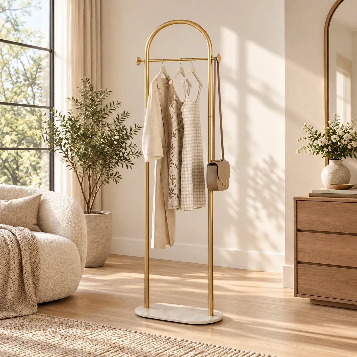 Porte Manteau sur Pied Courbé or dans un salon lumineux, ambiance déco premium et aspirationnelle
