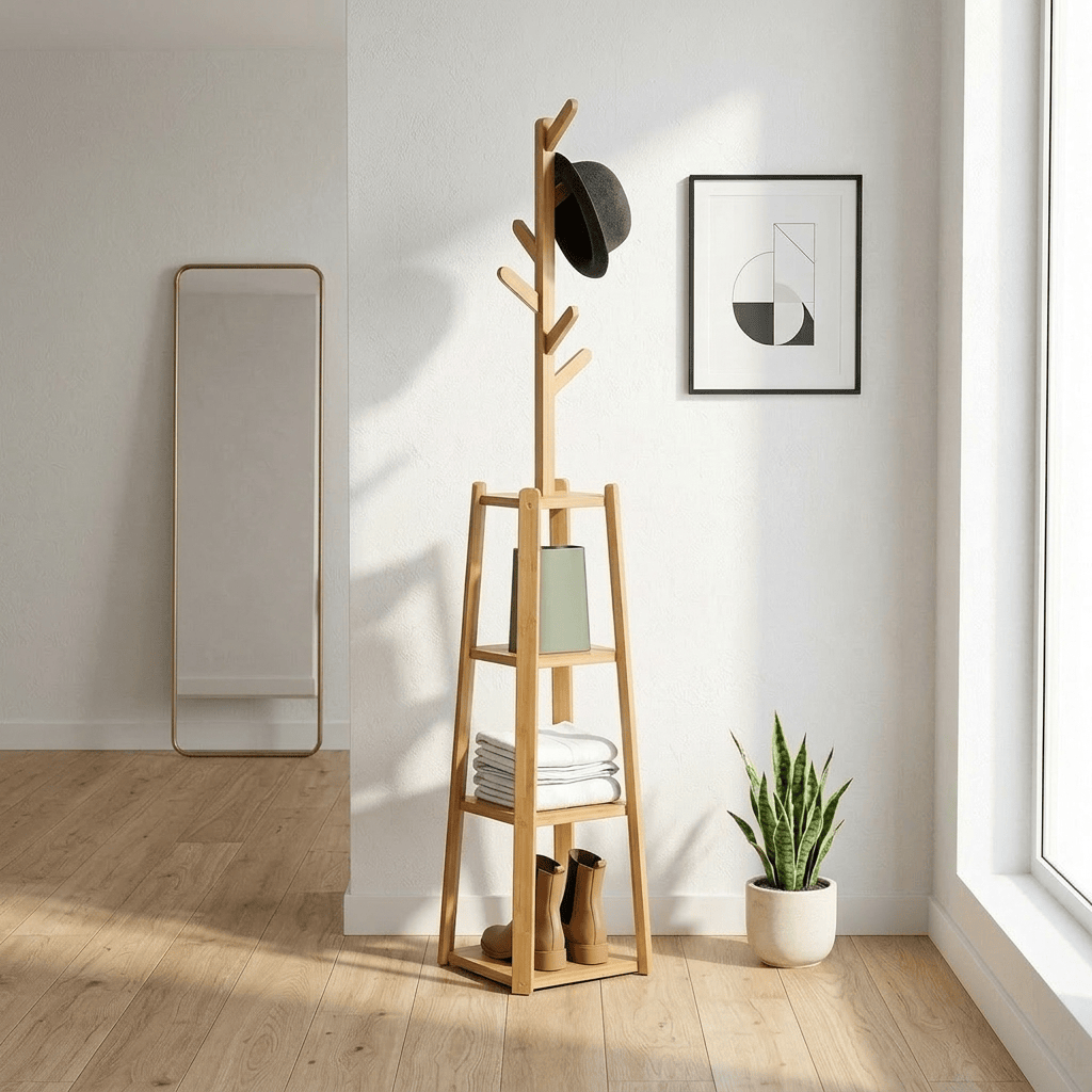 Porte Manteau sur Pied 3 Ranges bois Image