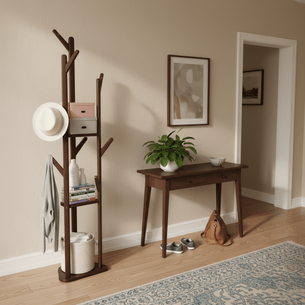 Porte Manteau sur Pied Entrée bois foncé