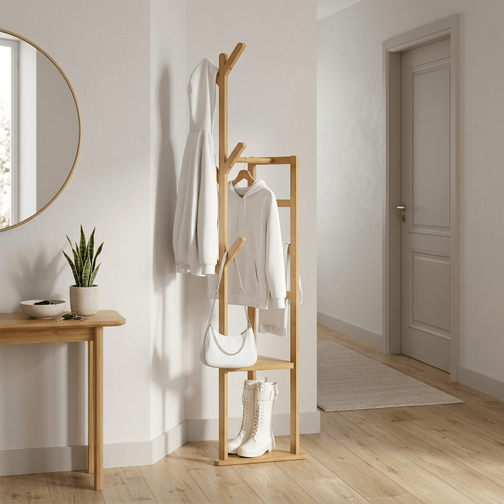 Porte Manteau sur Pied Multifonction bois claire Image