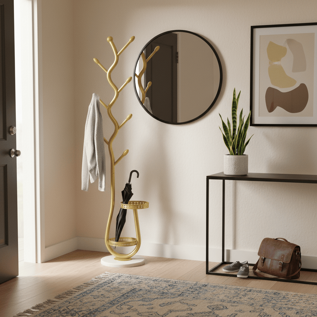 Porte Manteau sur Pied Rangement bas dorée