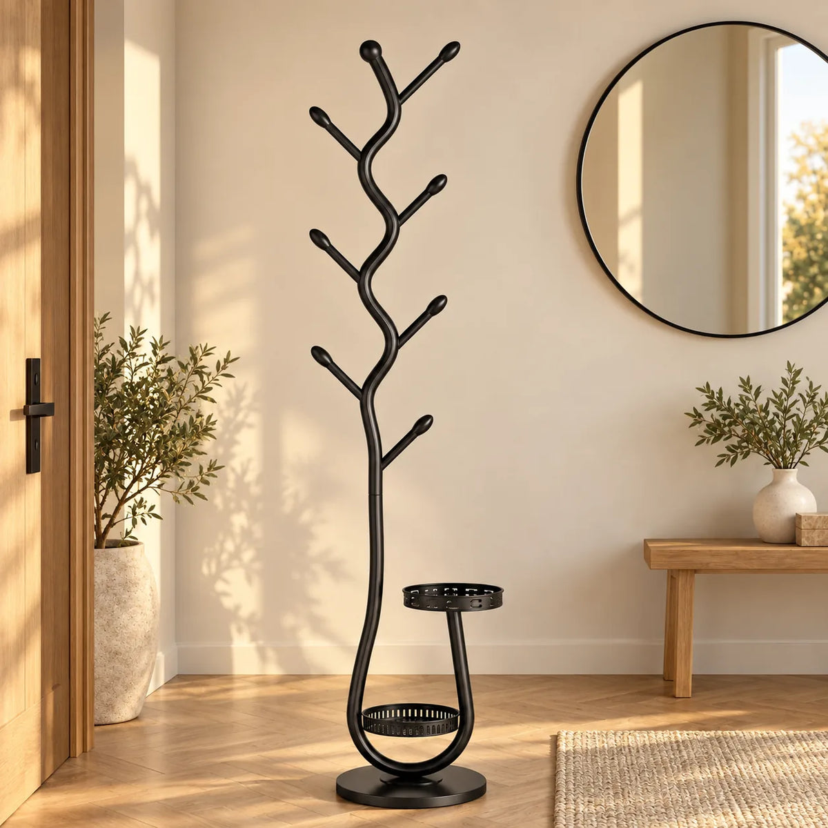 Porte manteau sur pied noir pres d un miroir rond dans une entree lumineuse