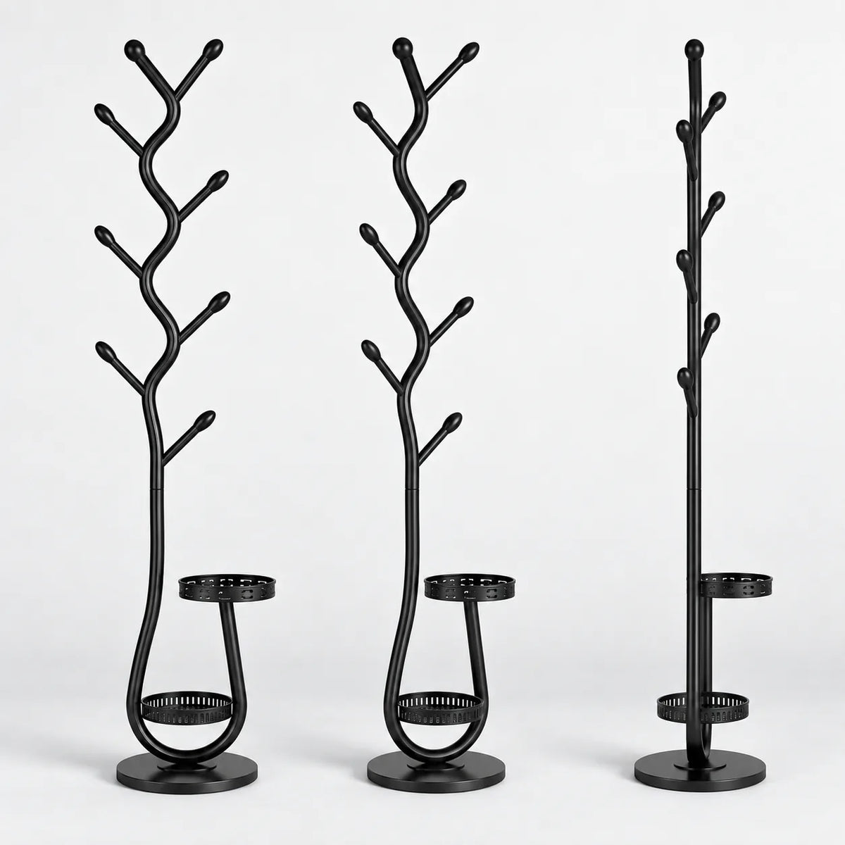 Porte manteau sur pied noir vu de face, de trois-quarts et de profil sur fond studio